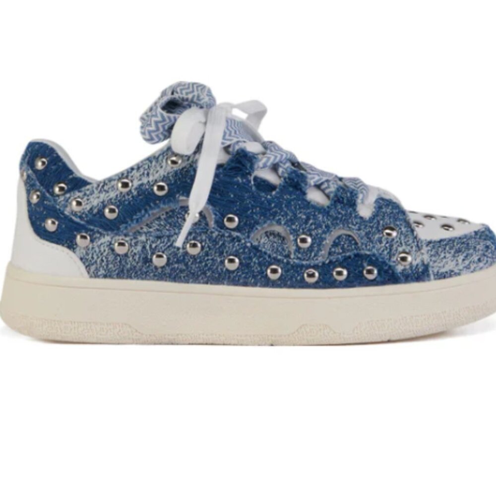 Callie Lives Miz Blue & White Studded Cutout Denim Sneaker 8 10 - Picture 4 of 7